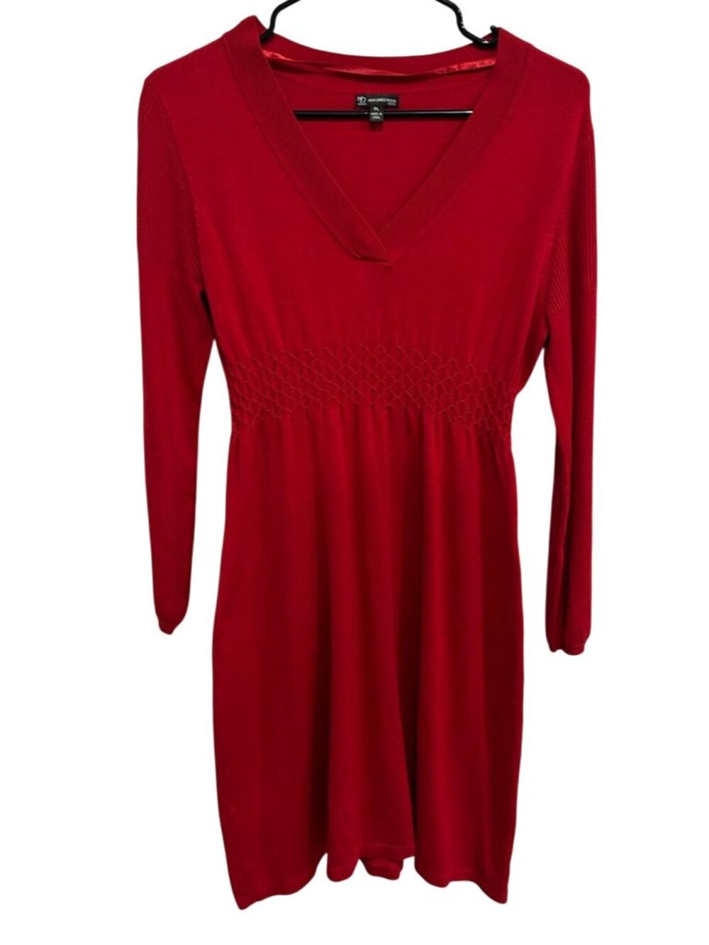 New Directions PL Red Long Sleeve V-Neck Knit Dress Smocked Waist Romanticcore